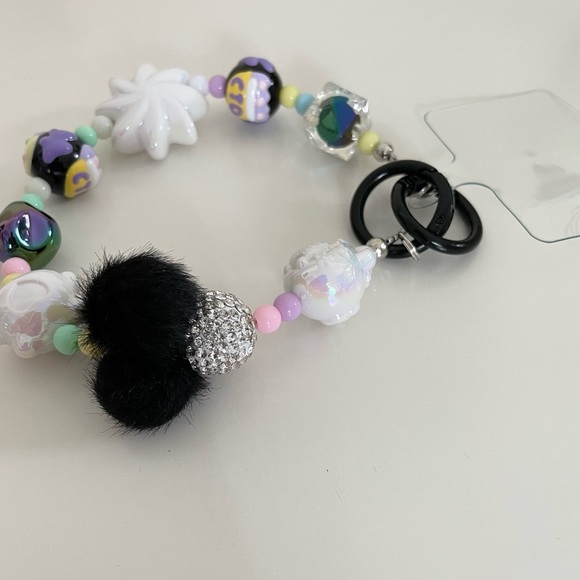 Black & Purple Pom Pom Kitty Beaded Charm Phone Accessory Wristlet with tab - Picture 15 of 17